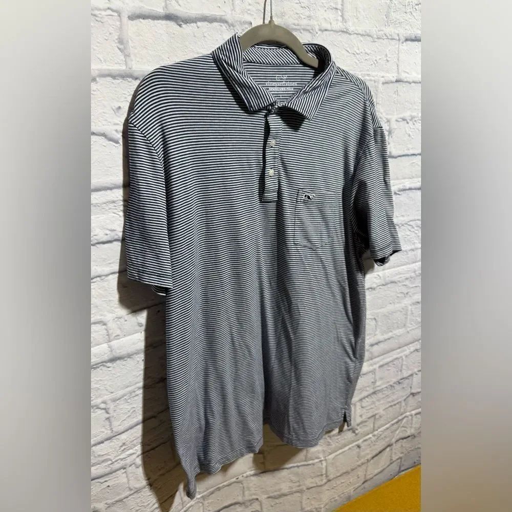 Vineyard Vines Blue and White Edgartown Polo Shirt Classic Knit, Size Large #310